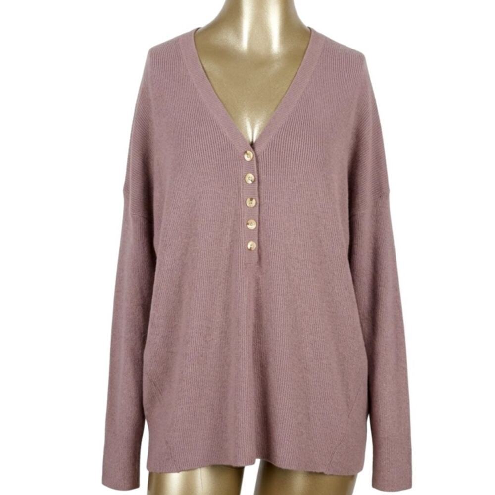 Wishlist Knit V-Neck Henley Sweater Women's M/L Drop Shoulder Oversized Taupe